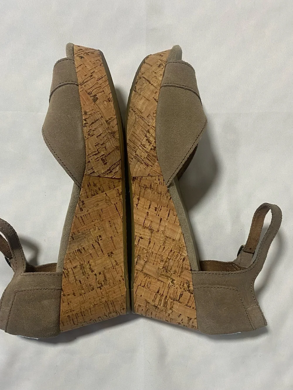 Toms Taupe Suede Wedge Sandals with Cork Platform